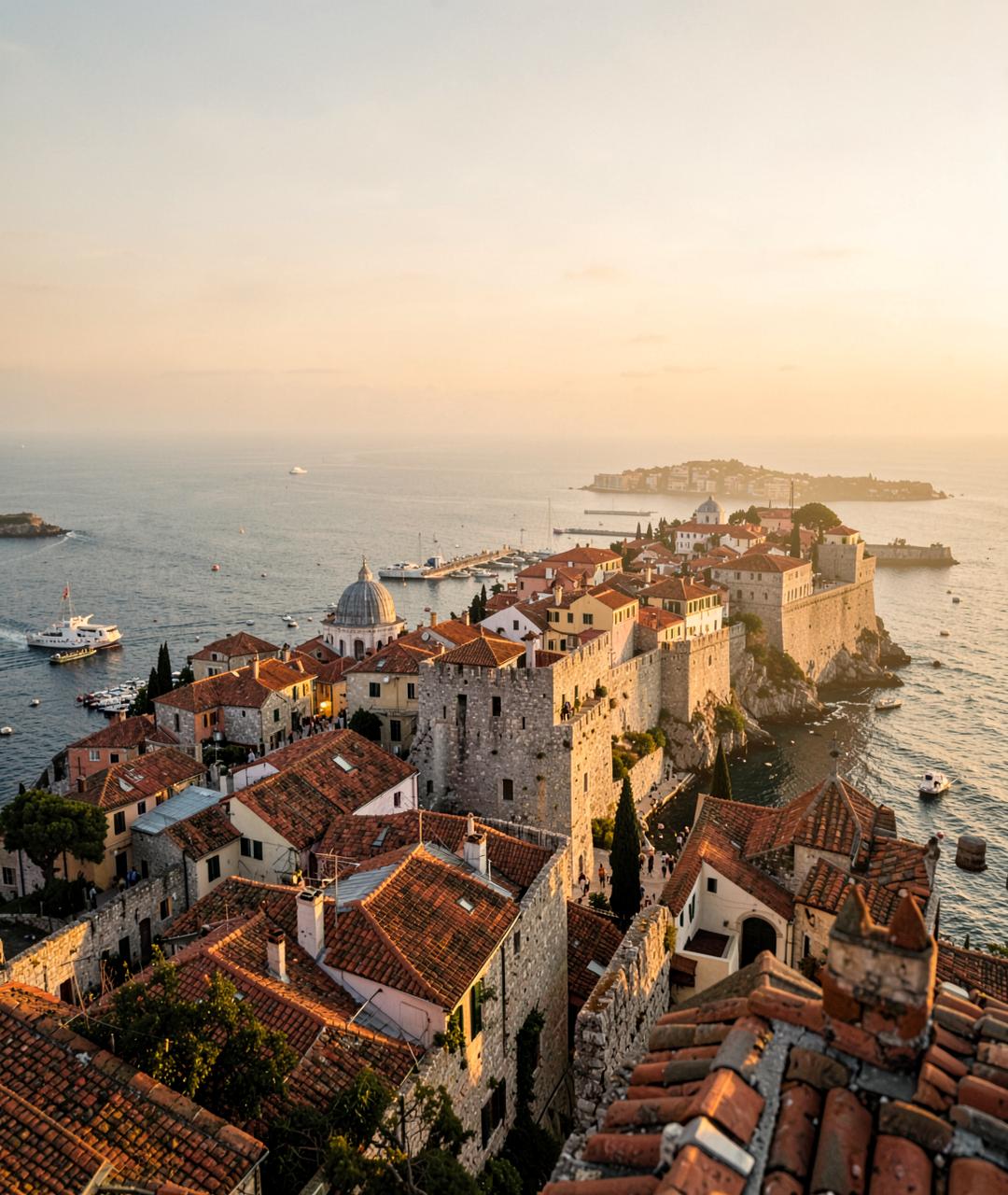 Golden hour over the walls and terracotta roofs of Dubrovnik Old Town